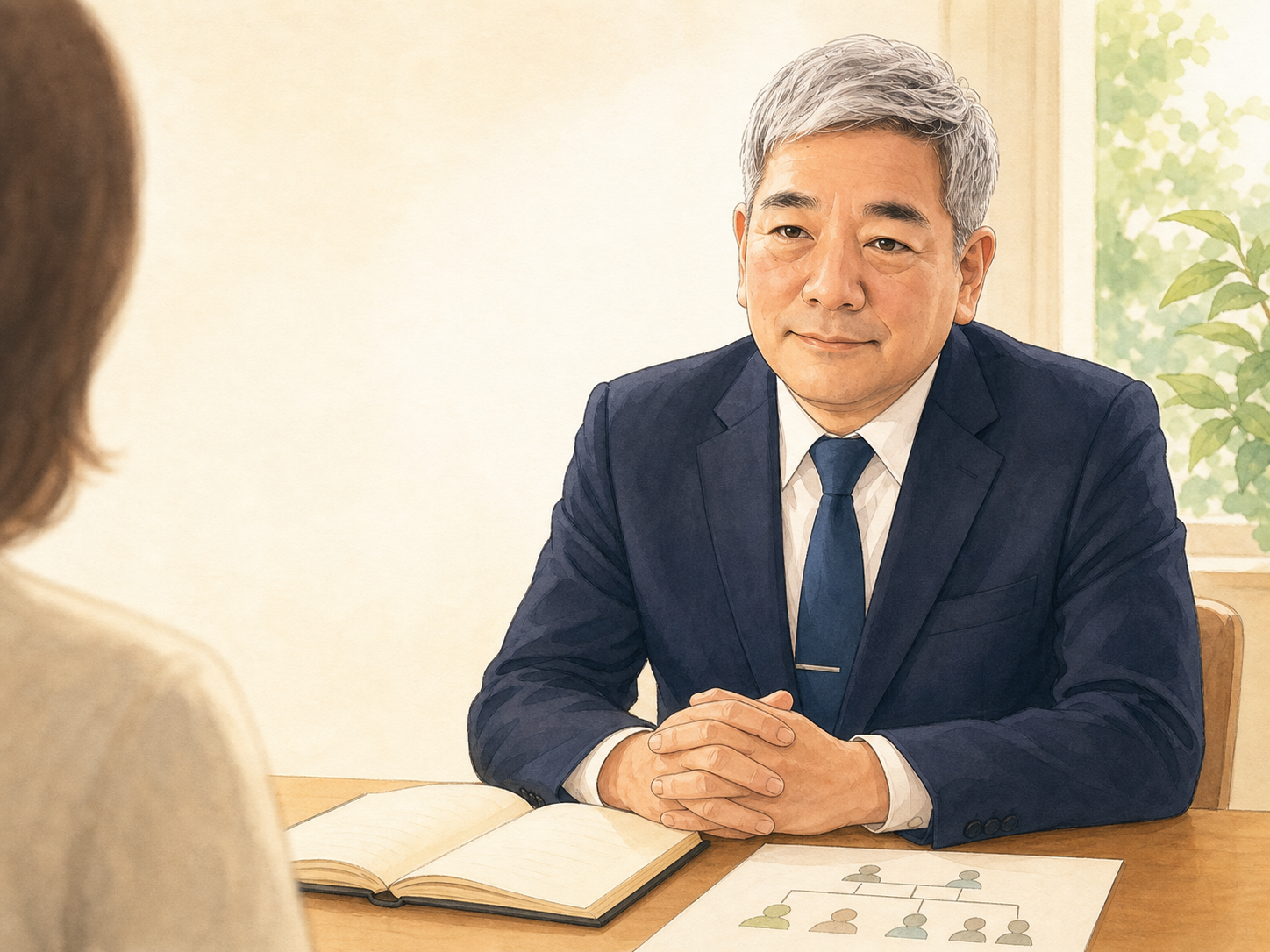 相談者の話を聞く弁護士・笹瀬健児のイラスト